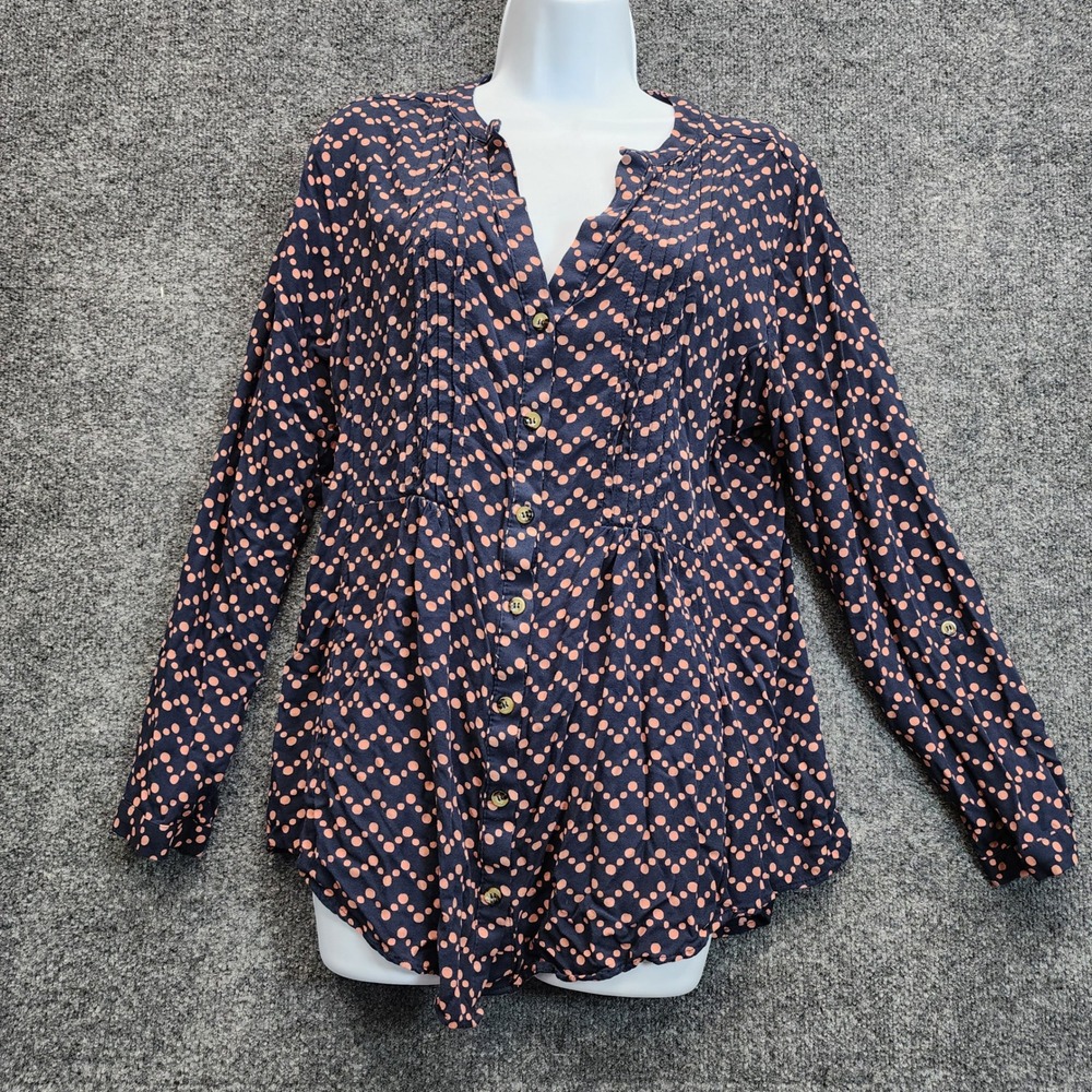 Maeve Womens Navy Pink Polka Dot Boho Whimsigoth Cottagecore Pleated Blouse XL